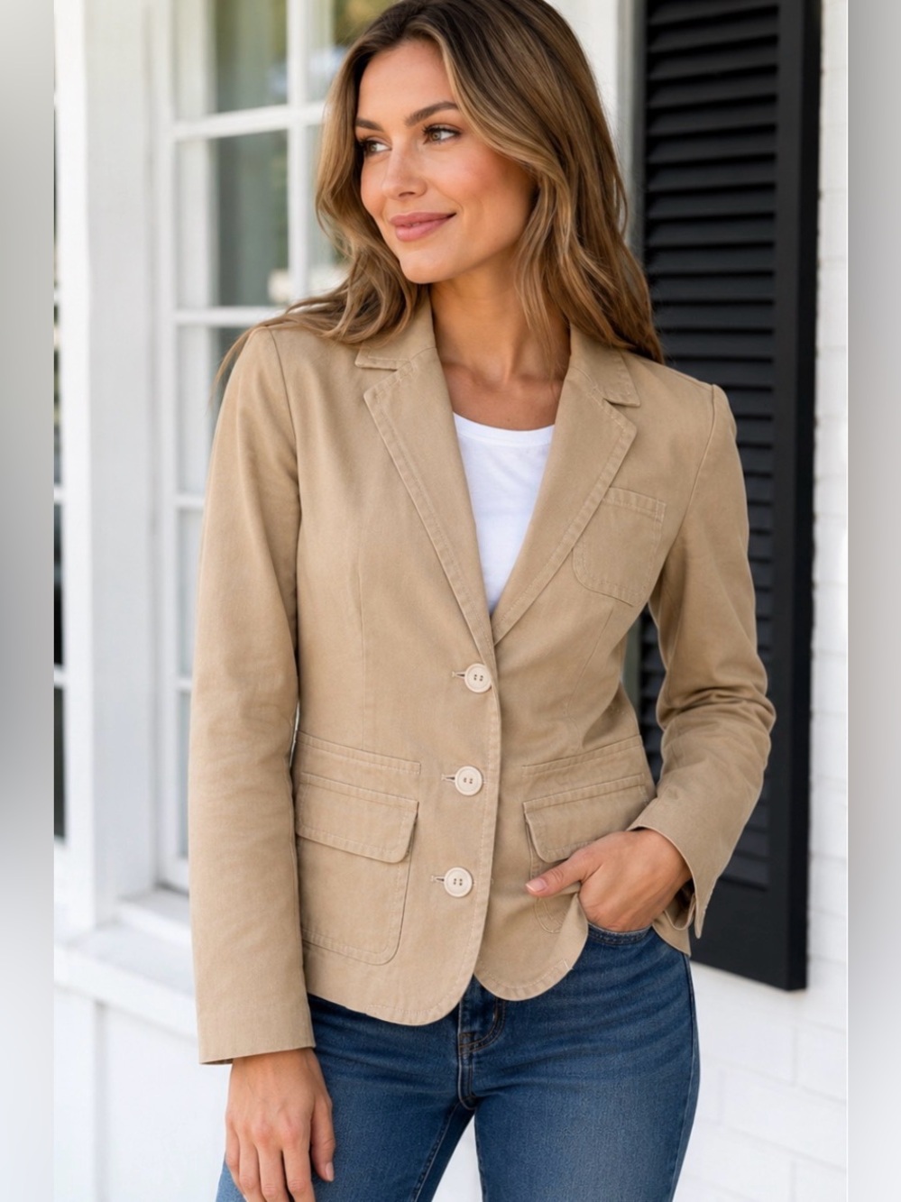 Tommy Hilfiger Tan Cotton Blend 3 Button Blazer Jacket Women’s Size 4 Career